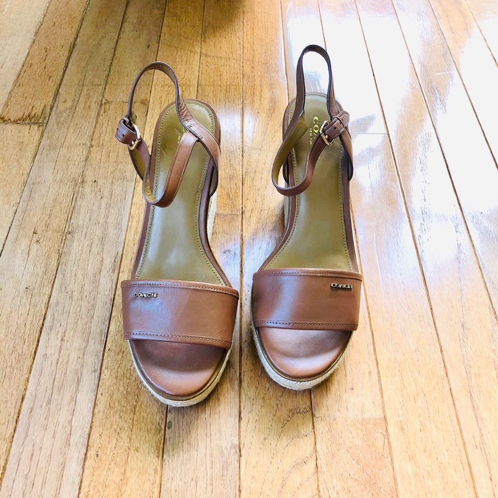 Brown Coach Wedges with Wooden Heel